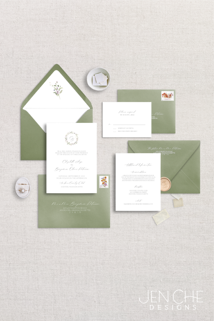 Contact Me green wedding invitation suite with gold wax seal, floral stamps, and floral envelope liner